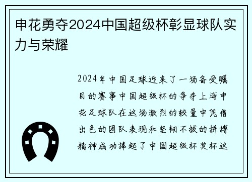 申花勇夺2024中国超级杯彰显球队实力与荣耀